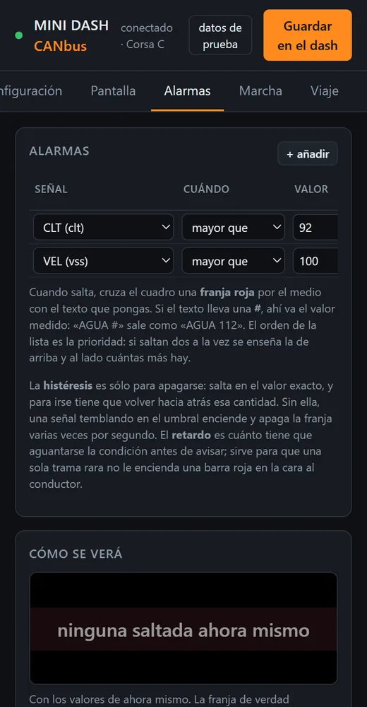 Configurador: alarmas por señal con umbral, histéresis y aviso en pantalla