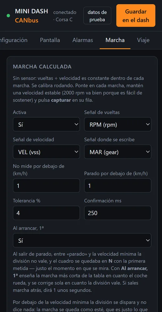 Configurador: marcha calculada a partir de vueltas y velocidad, con calibración por marcha