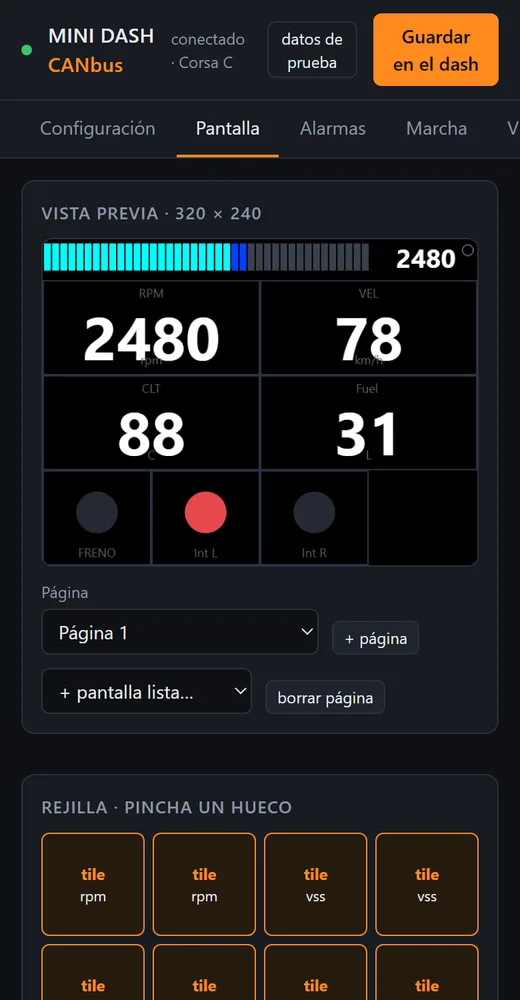 Configurador: editor de la pantalla con vista previa de RPM, velocidad, temperatura y combustible