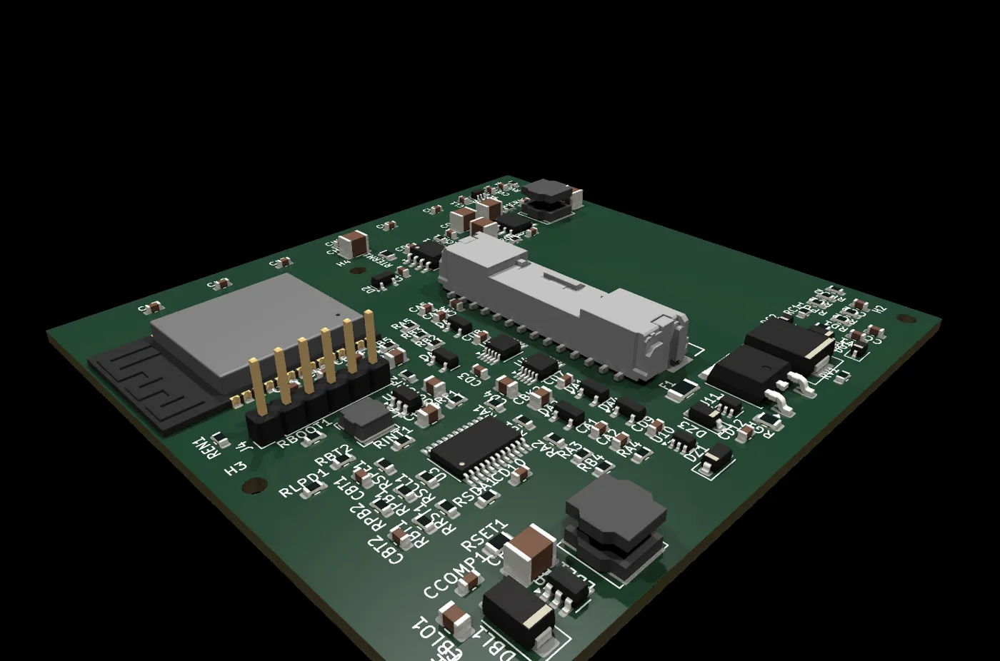 Render 3D de la placa Tarrelis vista en conjunto, con el módulo ESP32 y el conector de pantalla