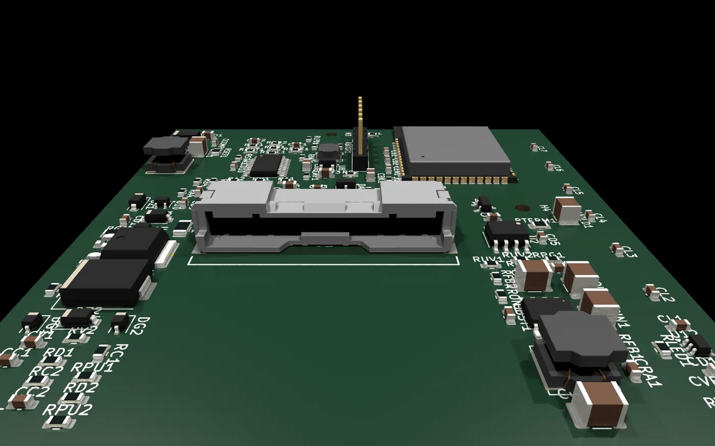 Render 3D de la placa Tarrelis a ras de superficie, con el conector del panel en primer plano